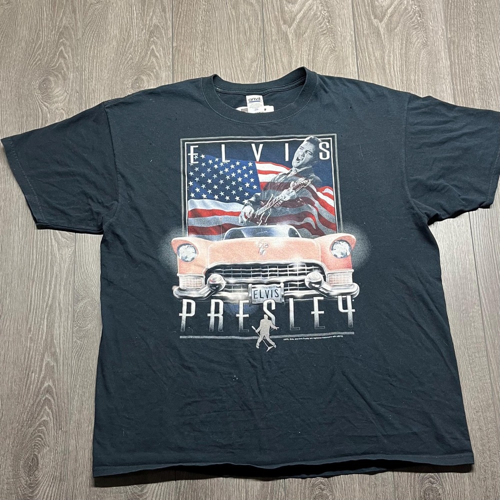Vintage Elvis Presley American Flag Car T Shirt Black XXL 2XL Rock Band T Shirt